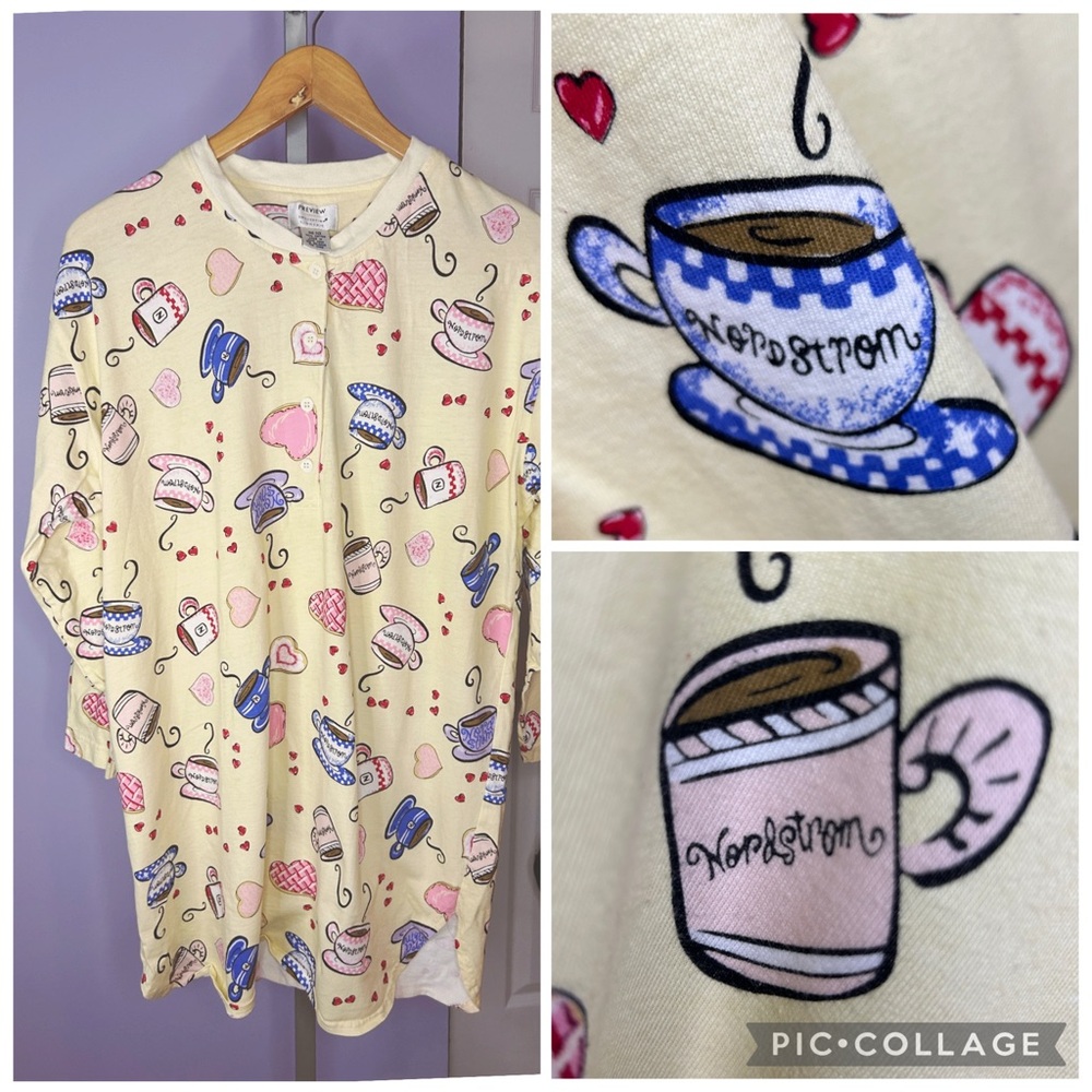 Vintage Nordstrom Coffee Cup Nightshirt Whimsical Cafe Print Cotton Sleep Shirt